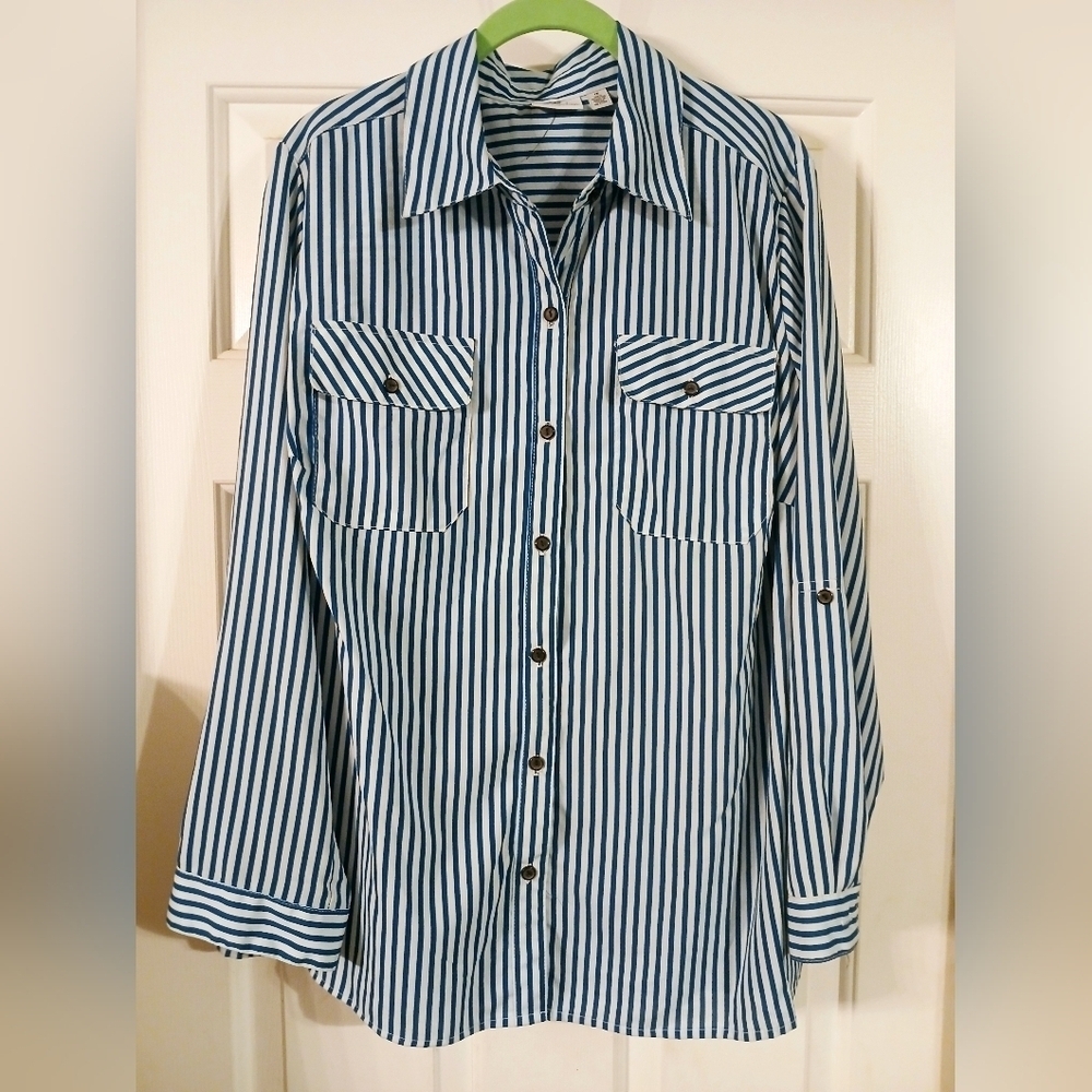 NWOT - Kim Rogers Women's Long Sleeve Button-down Teal Striped Shirt Sz 1X